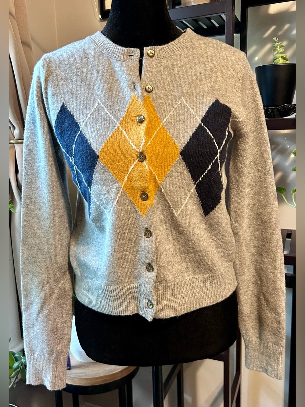 Old Navy Gray Argyle Button Cardigan with Yellow and Navy Diamonds